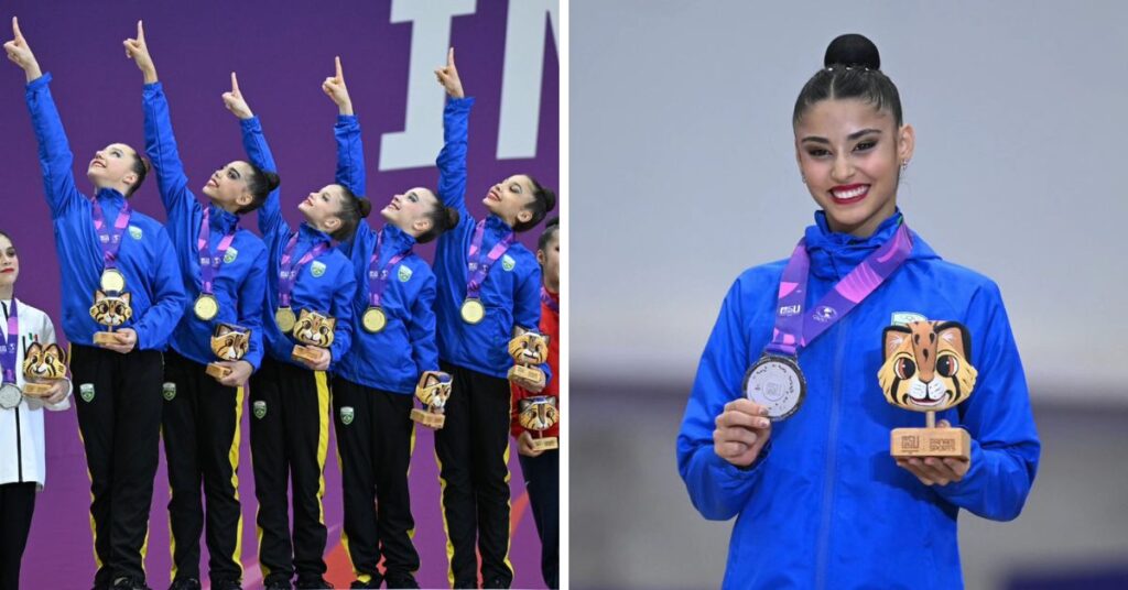 Ginastas do conjunto e Sarah Mourão conquistaram, ao todo, cinco medalhas para o país. | Foto: Divulgação UPAG