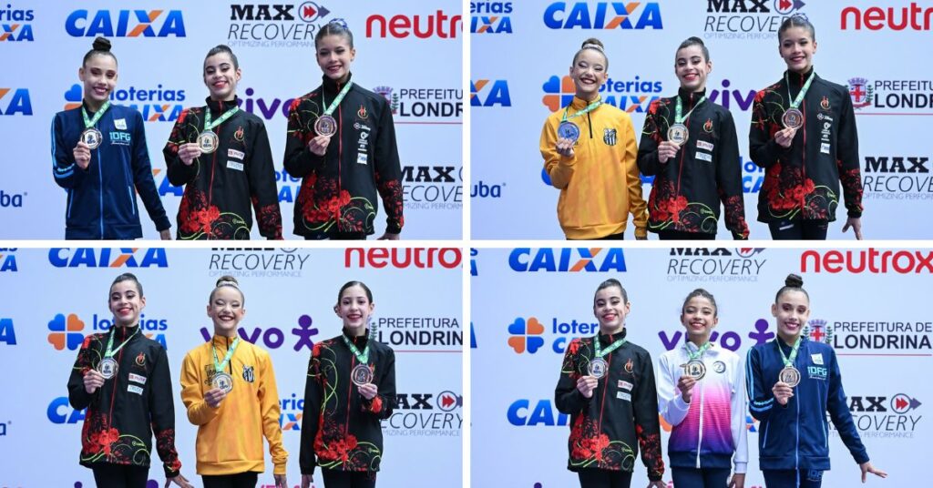 Em sentido horário, as medalhistas de mãos livres, bola, maças e fita da Divisão 3. | Foto: Adriano Bissoli/CBG