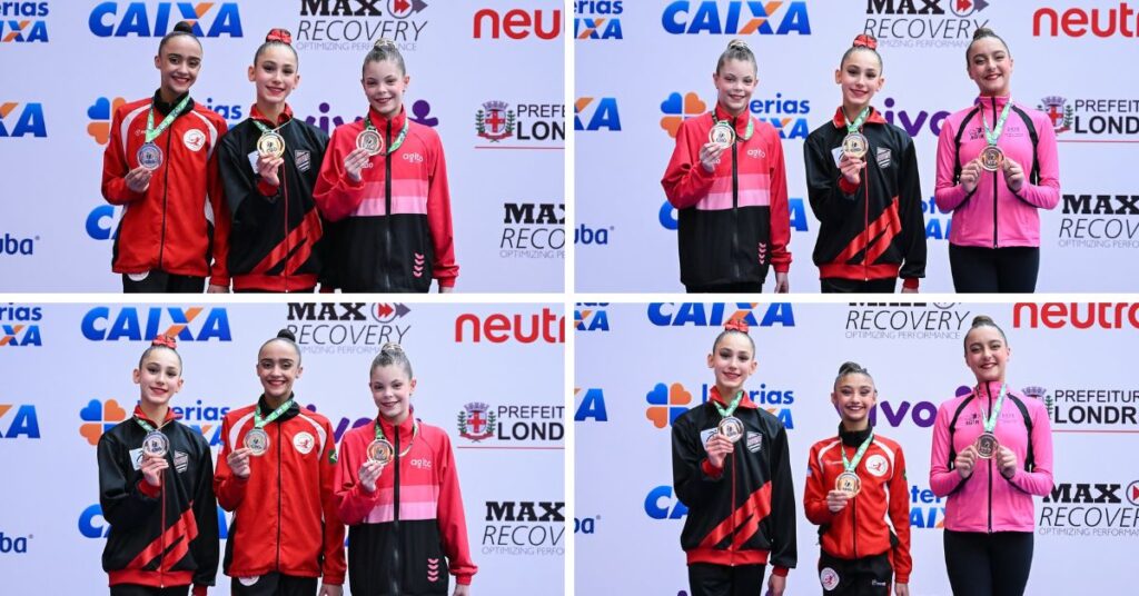 As medalhistas das finais da Divisão 4 nas provas de mãos livres, bola, maças e fita (sentido horário). | Foto: Adriano Bissoli/CBG